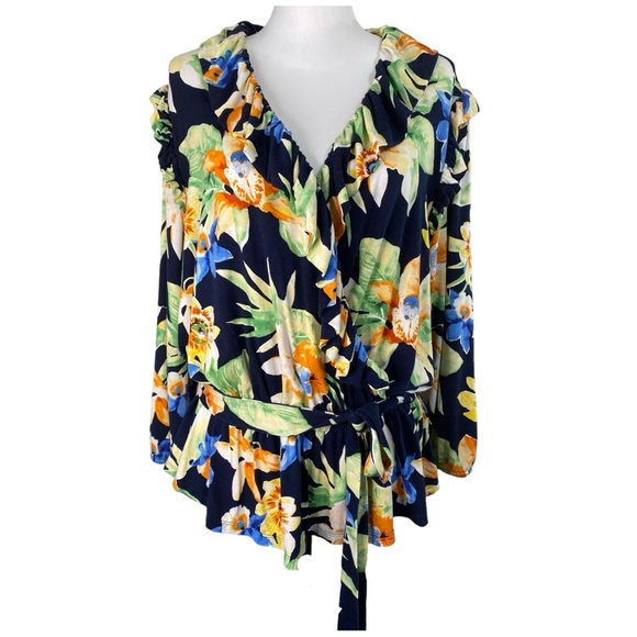 Lauren Ralph Lauren Tropical Floral Jersey Knit Belted Top Plus‎ Size XXL - Picture 1 of 14
